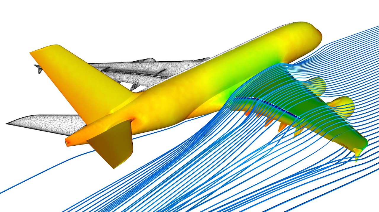 Airbus A380 CFD simulation showing pressure distribution and streamlines